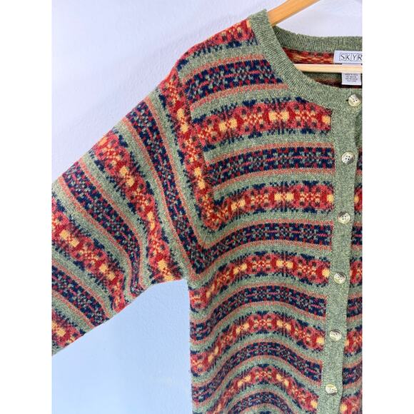 Vintage SKYR Fair Isle 100% Wool Knit Cardigan Sweater Nordic Ski Sz L - Picture 7 of 9